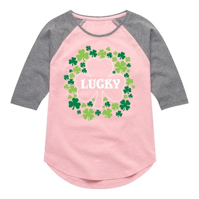 Girls' - Instant Message - St. Patrick's Day Lucky Shamrocks Filled Shirt Tail Raglan Graphic T-shirt