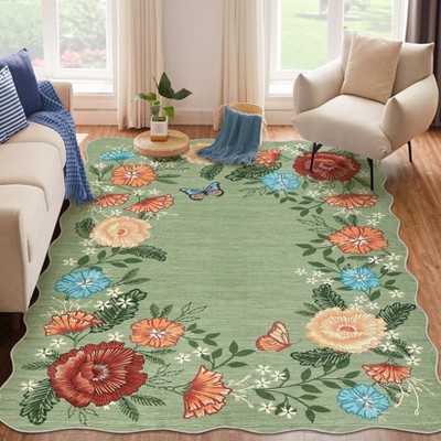 Area Rugs for Living Room Bedroom Washable Modern Floral Rug Scalloped Non-Slip Low Pile Carpet