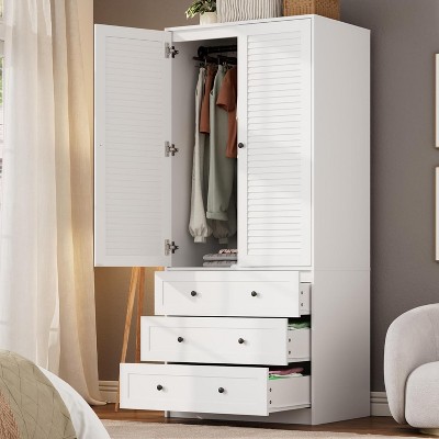 Armoire Wardrobe Closet Wooden Wardrobe Cabinet with 3 Drawers Hanging Rod 2 Doors Clothing Storage Cabinet Large Capacity Storage