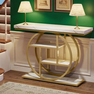 KTMBDW 41.3" Console Table, Industrial 4-Tier Sofa Table Entryway Table with Circle Base, Wood Accent Tables with Storage Shelves for Living Room