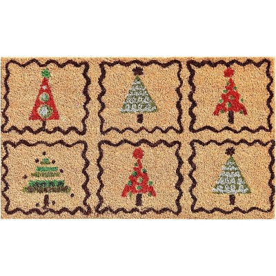HomeRoots 17" X 29" Natural Red and Black Coir Christmas Trees Outdoor Christmas Door Mat