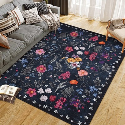 Boho Washable Floral Rugs, Large Living Room Rug, Non-Slip Soft Indoor Rugs for Bedroom, Area Rug Carpet for Dining Room Guest Room