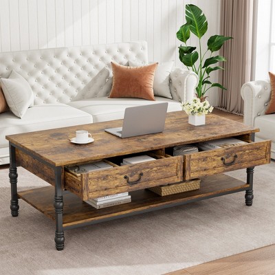 41" Rustic Coffee Table with 2 Storage Drawers, Rectangular Coffee tables w/ Storage Shelf and Metal Legs, Wood Large Coffee Table for Living Room