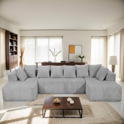 130'' Striped Corduroy Modular U-Shaped Sectional Sofa with Reversible Chaise Lounge, Deep Seats, Freely Configurable Layout, No Assembly Required