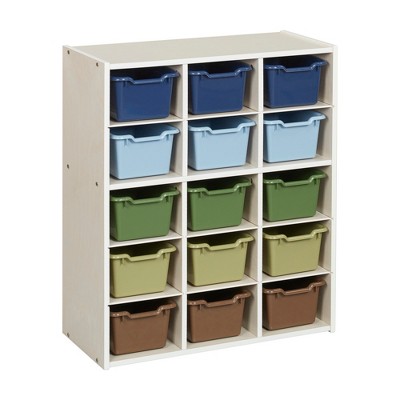 ECR4Kids Streamline 15 Cubby Tray Cabinet with 15 Scoop Front Storage Bins, 5x3, White Wash
