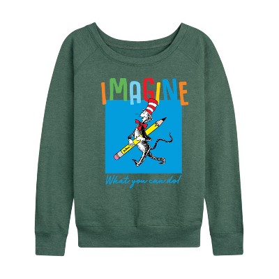 Women's - Dr. Seuss - Cat in the Hat Imagine Lightweight French Terry Wide Neck Long Sleeve Graphic Shirt
