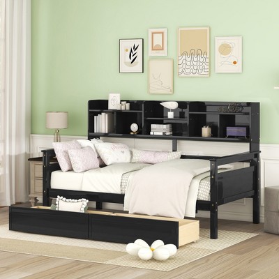 TIRAMISUBEST Twin size Daybed, Wood Slat Support, with Bedside Shelves and Two Drawers
