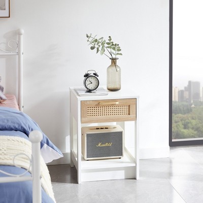 Sapphtopaz 15.75" Rattan End Table with Woven Storage Drawer Square Nightstand with Open Shelf Modern Sofa Side Table for Living Room,Bedroom