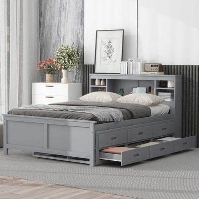 NicBex Full Size Platform Bed Wooden Bed Frame with Trundle, Storage Headboard, Drawers and Interface for Bedroom, No Box Spring Required