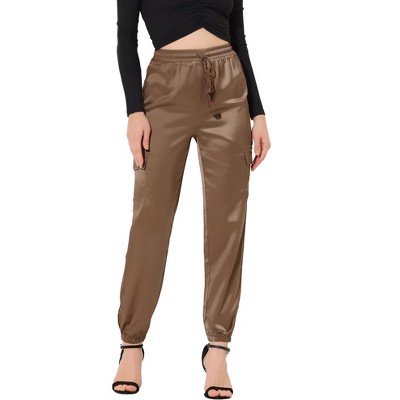 INSPIRE CHIC Women's Satin Drawstring Elastic High Waist Shiny Silky Cargo Pants