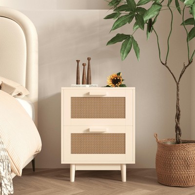 MAYEERTY Rattan Nightstand with 2 Faux Decorated Drawers with Storage for Livingroom