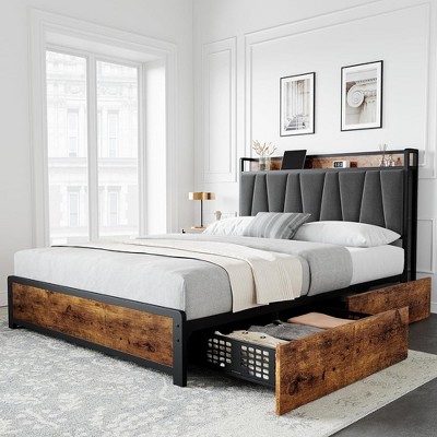 Whizmax Bed Frame with Storage Linen Upholstered Headboard, 4 Drawers Platform Bed Frame with Charging Station, Brown