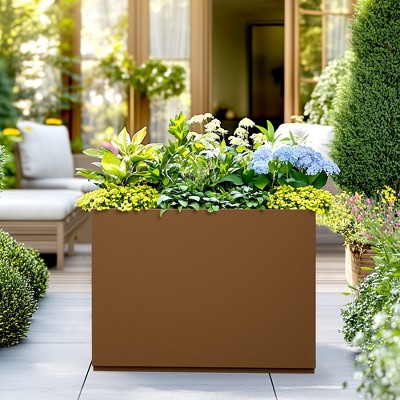 TOAOTBNBO Metal Planters with Drainage Holes, Tall Planter with Removable Shelf, Outdoor Planter Pots for Garden and Porch, Brown
