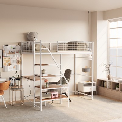KTMBDW Loft Bed Twin/Full Size with Desk, Heavy Duty Metal Loft Bed Frame with Power Outlet and LED Lighted, Space-Saving, Noise Free, Easy Assembly