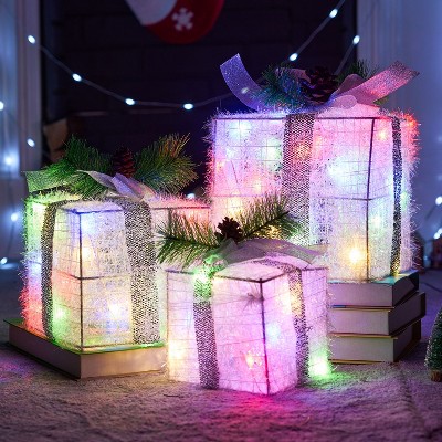Joyfy 3Packs Christmas Gift Box Lights, Present Boxes Yard Light Decorations, 60 LED Multicolor Lights for Christmas Eve Night Indoor Outdoor Decor