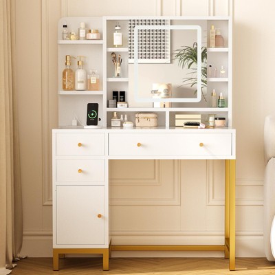 White Vanity Desk with Mirror and Lights, Makeup Desk Dressing Table with LED Lighted Mirror & Power Outlet, 3 Lighting Color