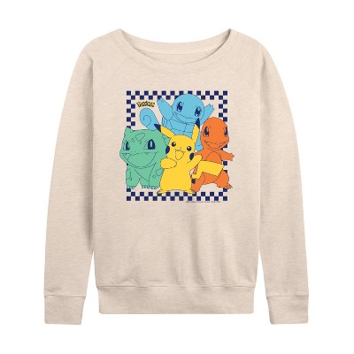 Women's - Pokémon - Group Checker Frame Lightweight French Terry Wide Neck Long Sleeve Graphic Shirt