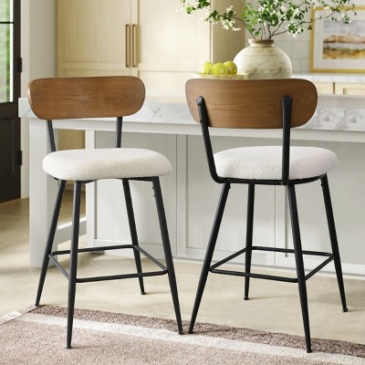 Modern Counter Bar Stools with Boucle Seat and Ash Back, Armless Kitchen Island Chairs with Metal Frame and Black Metal Legs-Maison Boucle