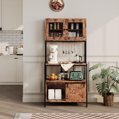 Kitchen Bakers Rack with Charging Station & Drawers, Industrial Microwave Stand, Freestanding Farmhouse Coffee Bar, Utility Shelves with Hooks