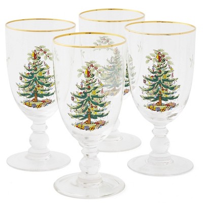 Spode Christmas Tree Gold 16oz Pedestal Goblets (Set of 4) - Gold Rimmed Glasses, Festive Holiday Drinkware for Christmas Dinner, Wedding Gifts