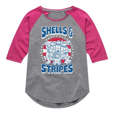Girls' - Teenage Mutant Ninja Turtles - Shells And Stripes Shirt Tail Raglan Graphic T-shirt