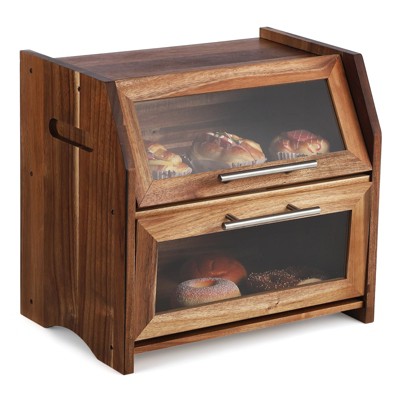Double Layer Bread Box – Acacia Wood Bread Bin with Clear Acrylic Door & Air Vents, Rustic Countertop Bread