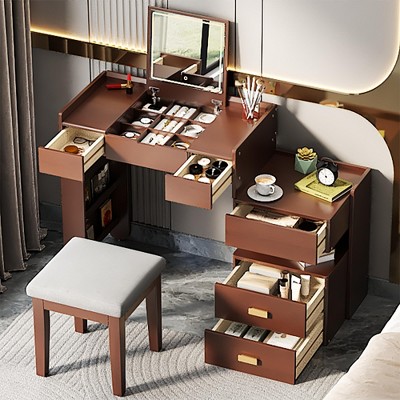QingMoon Makeup Vanity with Flip-Top Mirror, Dressing Table Set with Cushioned Stool, Retractable Side Cabinet and Ample Drawers for Bedroom