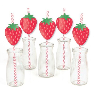 Big Dot of Happiness Berry Sweet Strawberry - Paper Straw Decor - Fruit Themed Birthday Party or Baby Shower Striped Decorative Straws - Set of 24