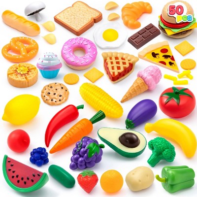 Joyfy 50Pcs Kids Play Food Toys, Learning Toy,Pretend Play Kitchen Toys, Dinnerware, Dummy Fruits, Vegetables, Easter Birthday Gifts for Kids Toddlers