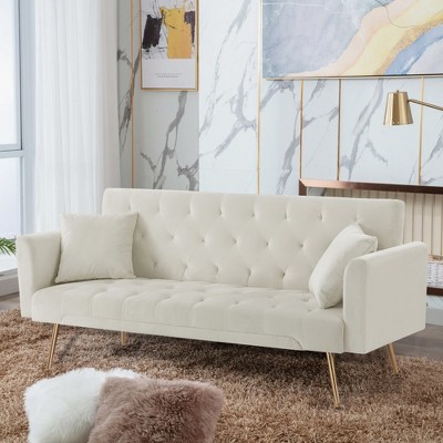 MYINDA Velvet Futon Reclining Sofa Bed with 2 Pillows for Living Room, Convertible 3 Adjustable Sofa Couch with Metal Legs for Small Spaces