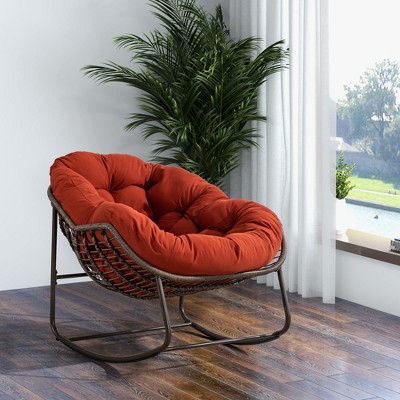 LOVMOR Outdoor Patio Rocking Chair with Padded Cushion, Oversized Papasan Chair, Rattan Wicker Egg Chairs Rocker for Front Porch Living Room Bedroom