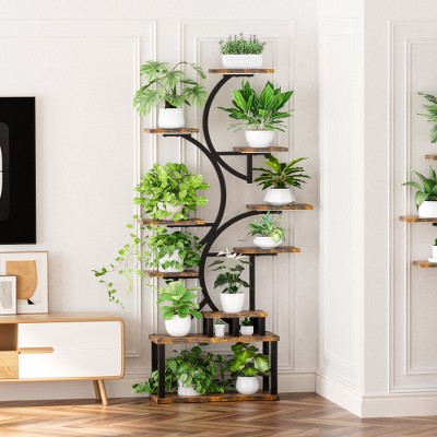 ACEPANO 69 in. H S-Shaped Corner 10-Tier Plant Stand with 5 Grow Lights for Living Room, Garden & Patio-Brown
