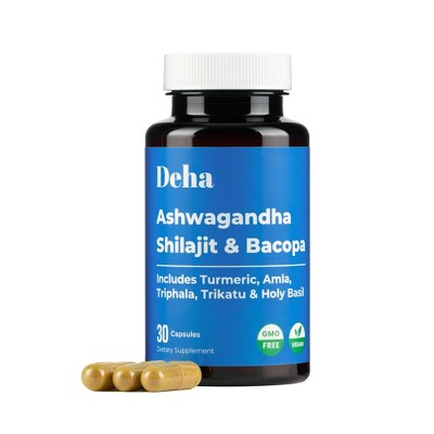 Deha Ashwagandha Shilajit Bacopa Capsules Stress, Energy & Immune Support with Turmeric, Amla & Triphala – 30 Ct Vegan, Non-GMO