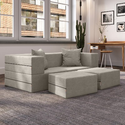 Jaxx Zipline Convertible Sleeper Loveseat & Ottomans, Textured Microvelvet