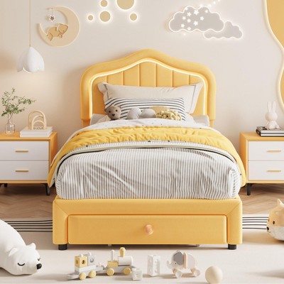 Twin Upholstered Bed Frame With Storage Drawer and Smart Led Headboard, Princess Twin Size Platform Bed Frames for Kids/Girls, Wooden Slats Support