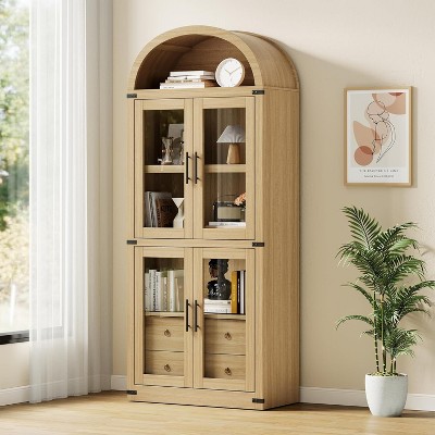 71.4" Tall Farmhouse Arched Bookcase with Doors and Drawers, Display Cabinet Storage Shelves Wooden Bookshelf for Living Room, Office