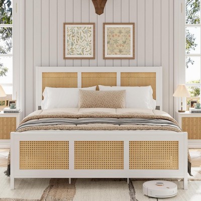 homfan Rattan Bed Frame with Headboard, Boho Cane Platform Bed Frame with Strong Metal Slat, Noise Free, No Box Spring Needed