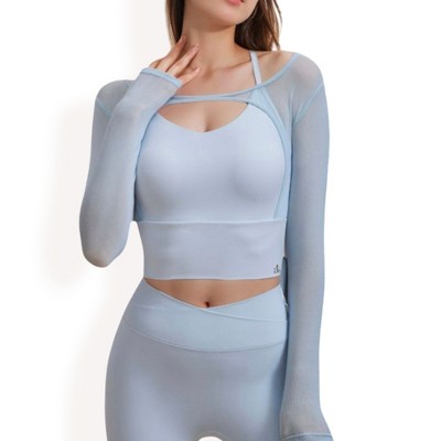 Anna-Kaci Active Women's Long Sleeve Mesh Cropped Activewear Top with Cutout Detail and Sheer Sleeves - Small, Light Beige