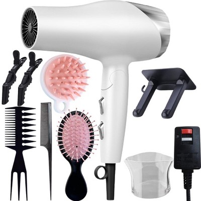 Morfone White 9-piece foldable hair dryer set. Portable hair styling tool for home, travel or business trips. Can be used as a gift set.