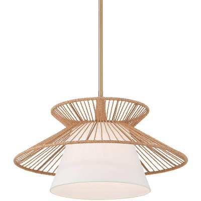 Possini Euro Design Aire 24" Mid Century Modern Pendant Chandelier Ceiling Light Fixture Dining Room Over Table Hanging White Gold Finish Rope Fabric
