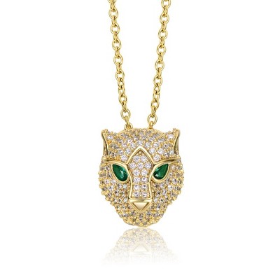 14K Yellow Gold plated layering necklace with 3D panther head pendant, featuring emerald and cubic zirconia for a bold statement