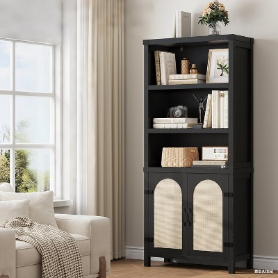 Farmhouse Bookshelves with Rattan Doors, 70" Tall Cutlery Shelves with Three Tiers of Open Storage, Floor Standing Display Shelves, Bookcases