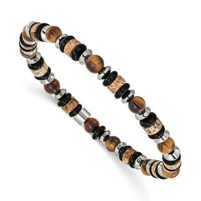 Chisel Stainless Steel 6.50mm Tiger's Eye, Picture Jasper and Black Onyx Beaded 7.5" Stretch Bracelet