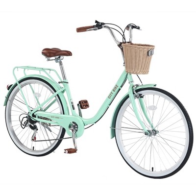 NAYSAYE Bicycle 7 Speed City Bike with Basket Steel Frame for Girls for Commuting and Leisure, Green, 66.93"*24.8"*41.34"