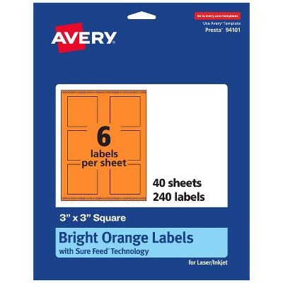 Avery Bright Orange Paper Labels, 3" x 3" Square
