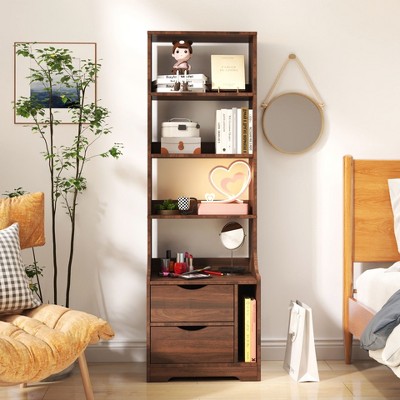Sapphtopaz 4-Tier Bookcase with 2 Storage Drawers, Space Saving Bookshelf for Small Spaces, Office