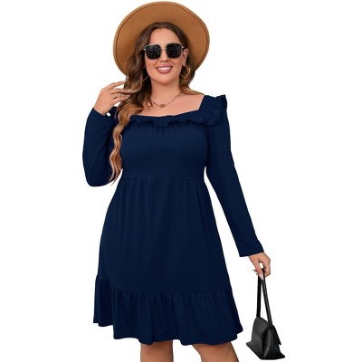 Women's Square Neck Long - Sleeve Dress with Ruffle Trim & Tie Detail, Flowy Midi Dress for Casual & Semi - Formal