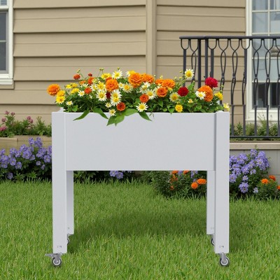 Elevated garden bed with wheels for outdoor plant cultivation