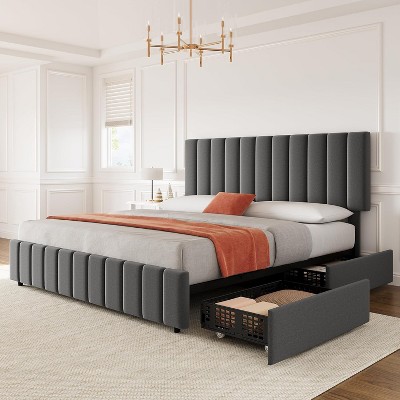 Boho Farmhouse Linen Upholstered Platform Bed Frame with 4 Storage Drawers, Adjustable Headboard with Wooden Slats Support, No Box Spring Needed