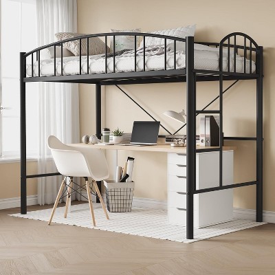 TackView Twin Size Loft Bed, Metal Loft Bed Frame with Arched Guardrail and Safety Ladder, Space-Saving, Heavy Duty
